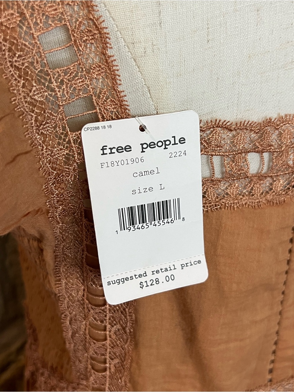 Free People NWT Camel Lace Trim Mini Dress Size L Boho Cottagecore Festival - Picture 5 of 7